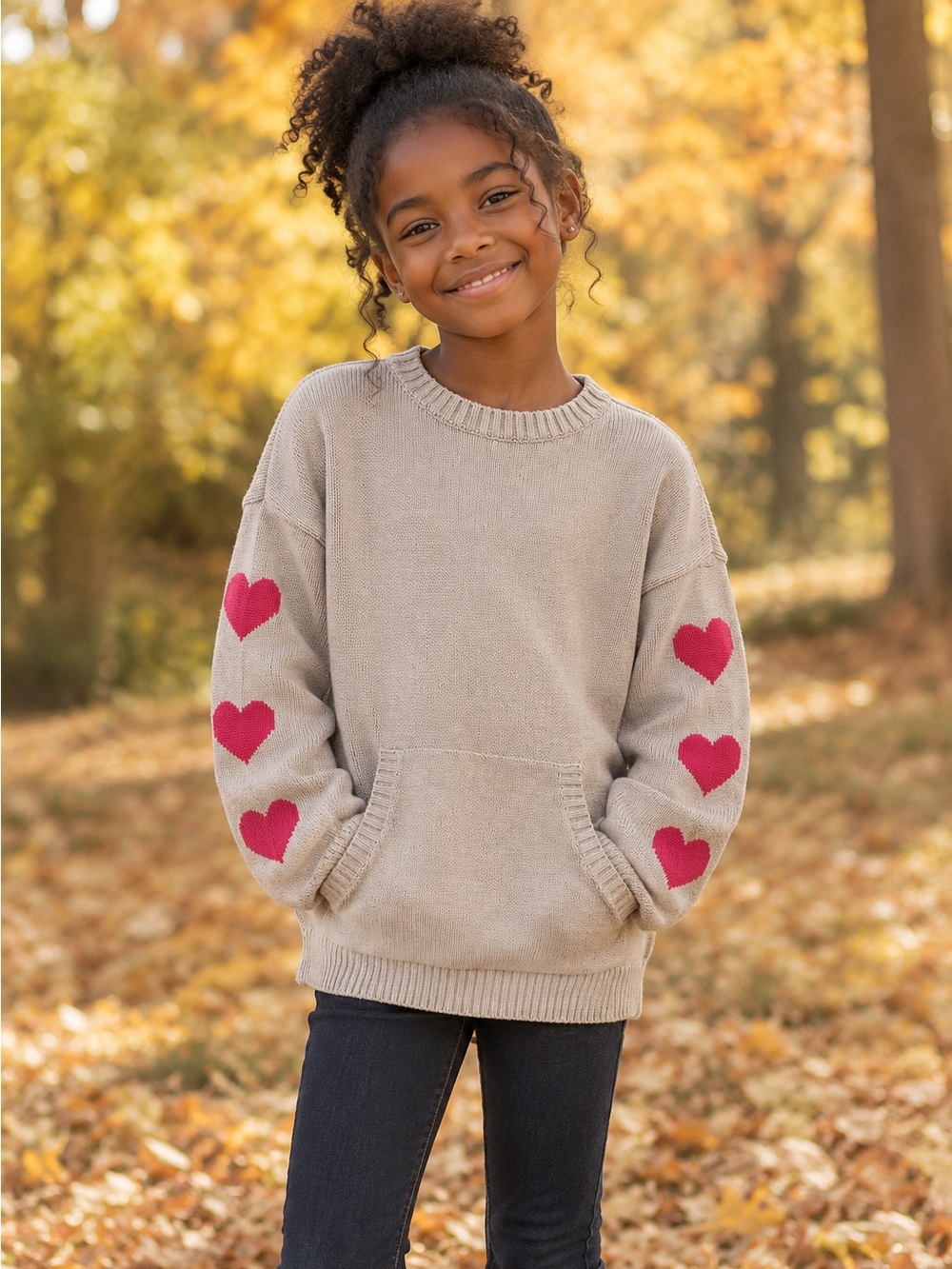 Tea Collection Beige Pullover Sweater with Pink Heart Sleeves